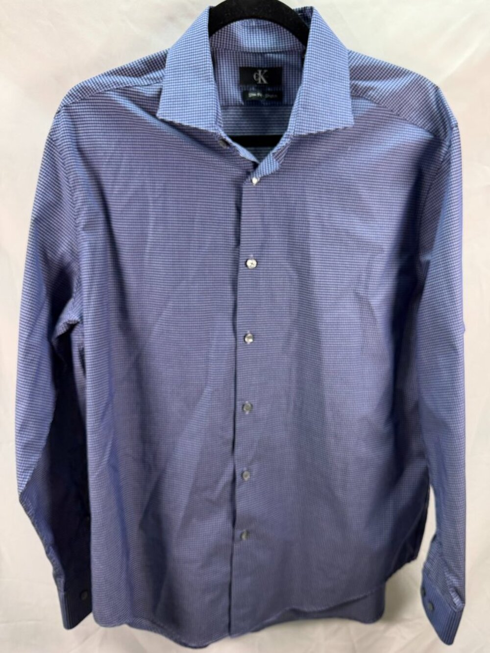 Calvin Klein Slim Fit Size 16 - 16.5 32-33 Blue White Check Performance